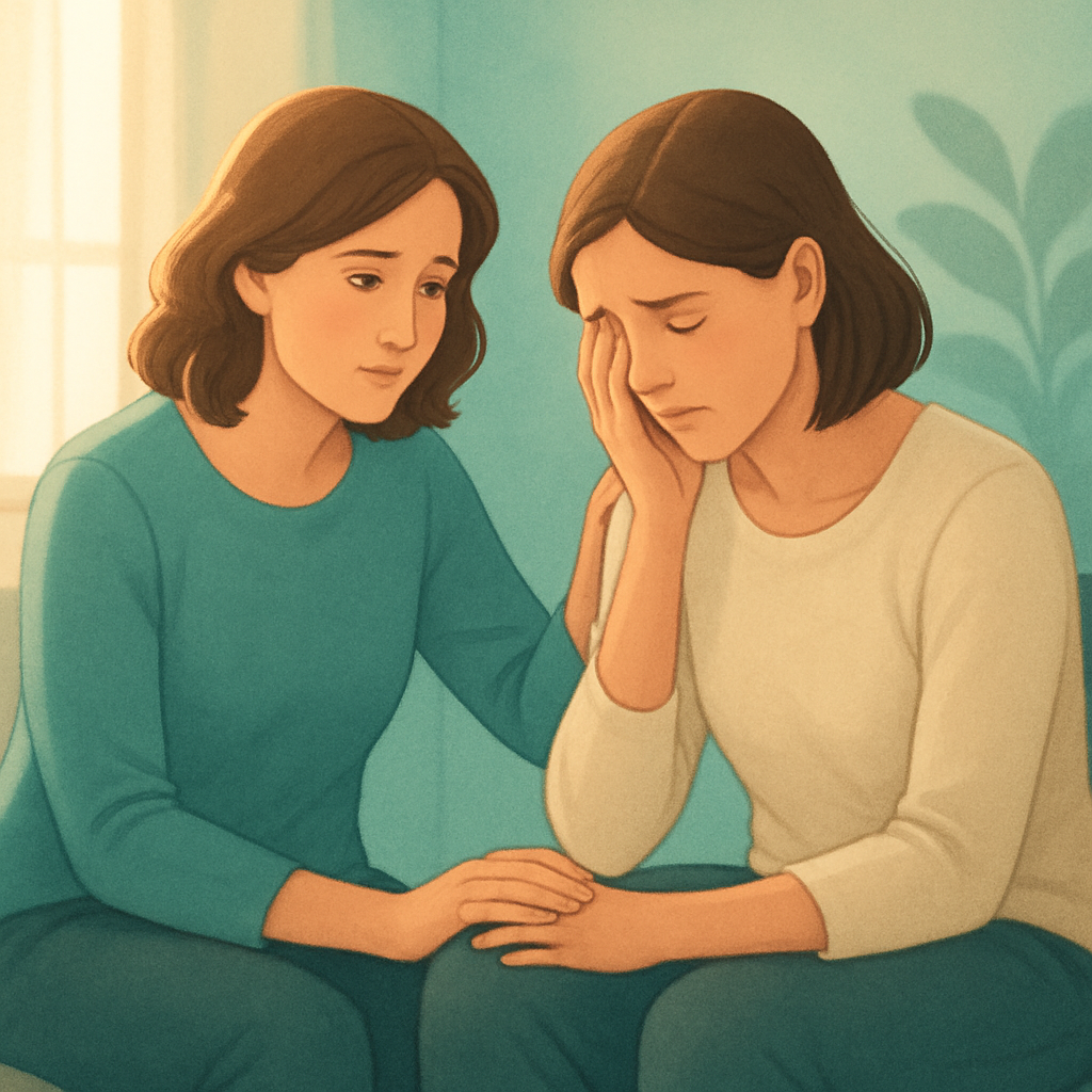 Two people in a warm, supportive conversation representing emotional support and healing