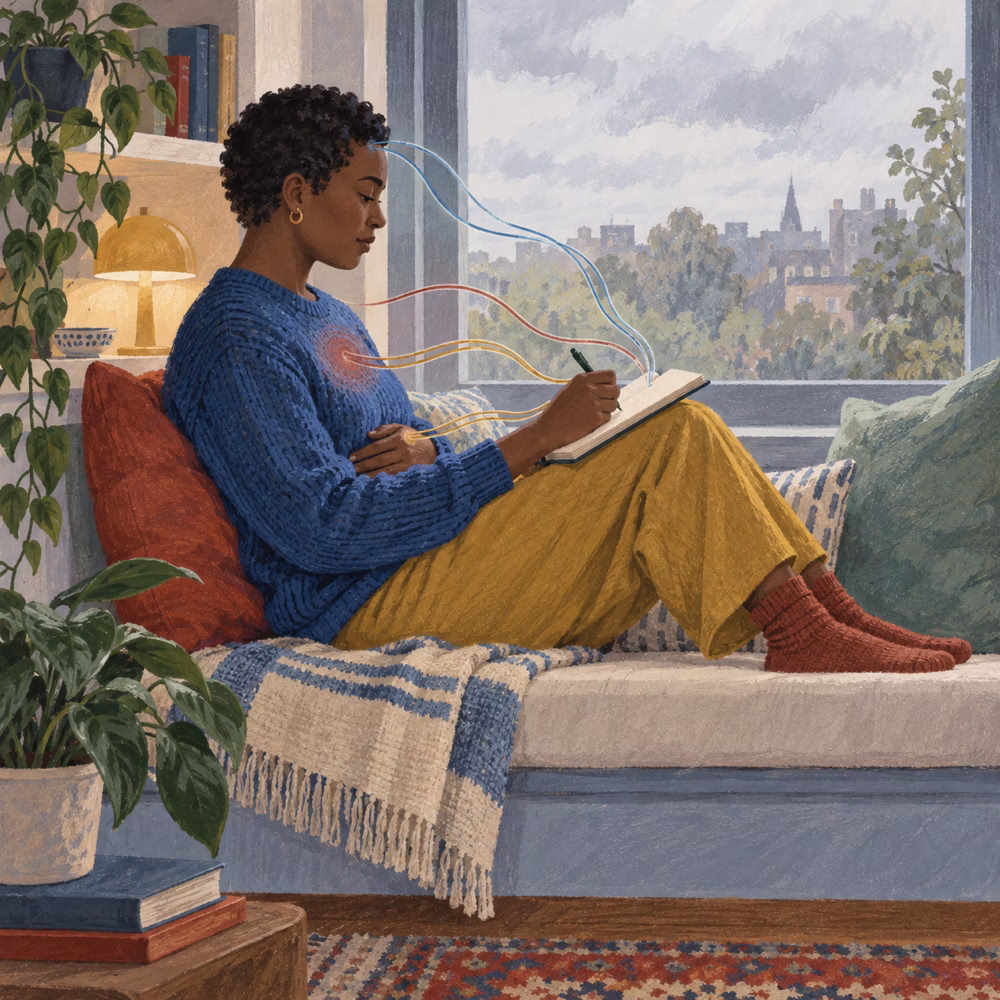 A person journaling quietly while reflecting on trauma symptoms and emotional triggers