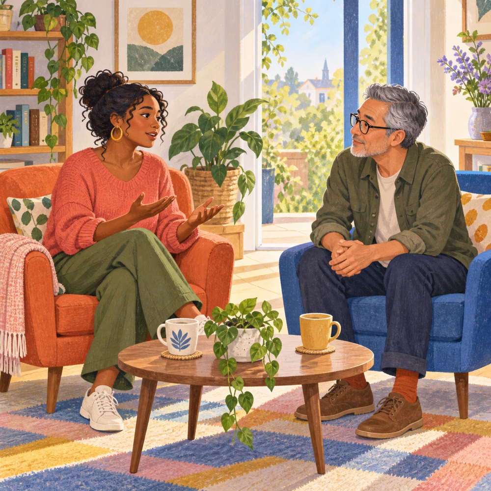 Two people in a supportive conversation, representing trauma-informed healing and professional support