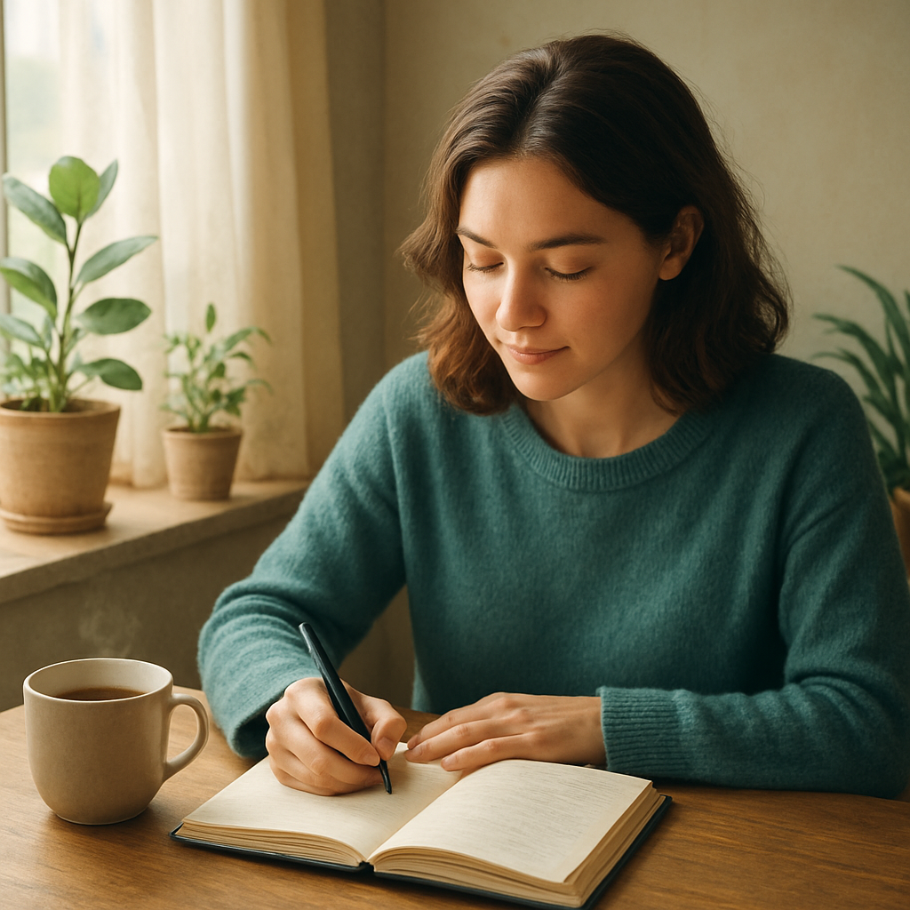 A person journaling quietly in a sunlit room, reflecting on their emotions